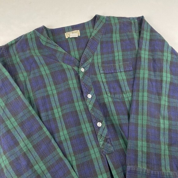 LL Bean Flannel Nightshirt Men L Blue Green Plaid 1/4 Button Up Pocket Cotton - Picture 1 of 9
